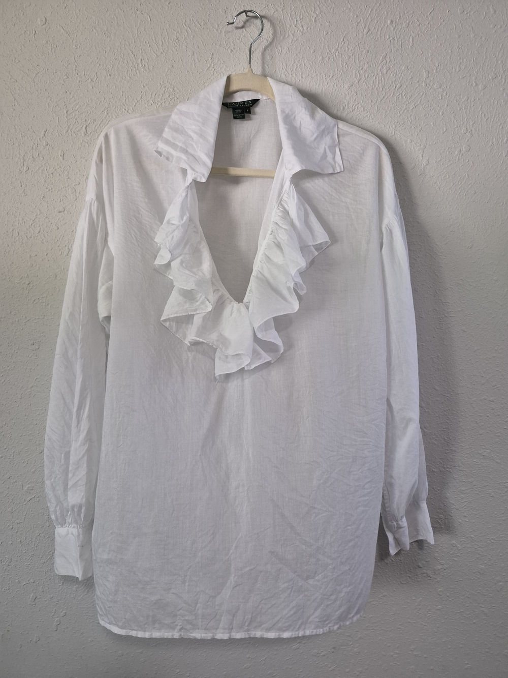 Lauren Ralph Lauren 100% Cotton White Ruffle V-Neck Blouse Size 6
